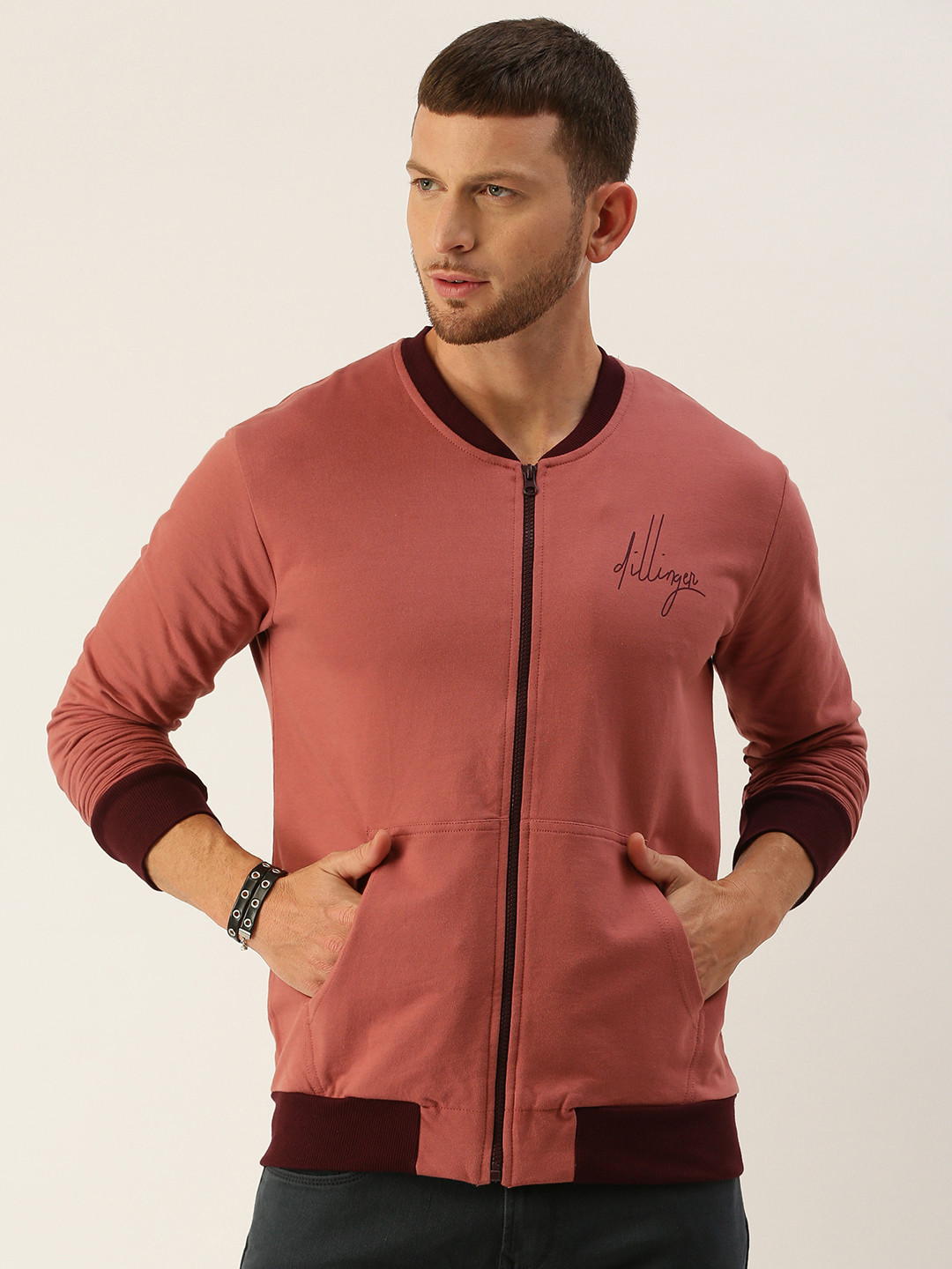 

DILLINGER Men Pink Solid Cotton Bomber Jacket