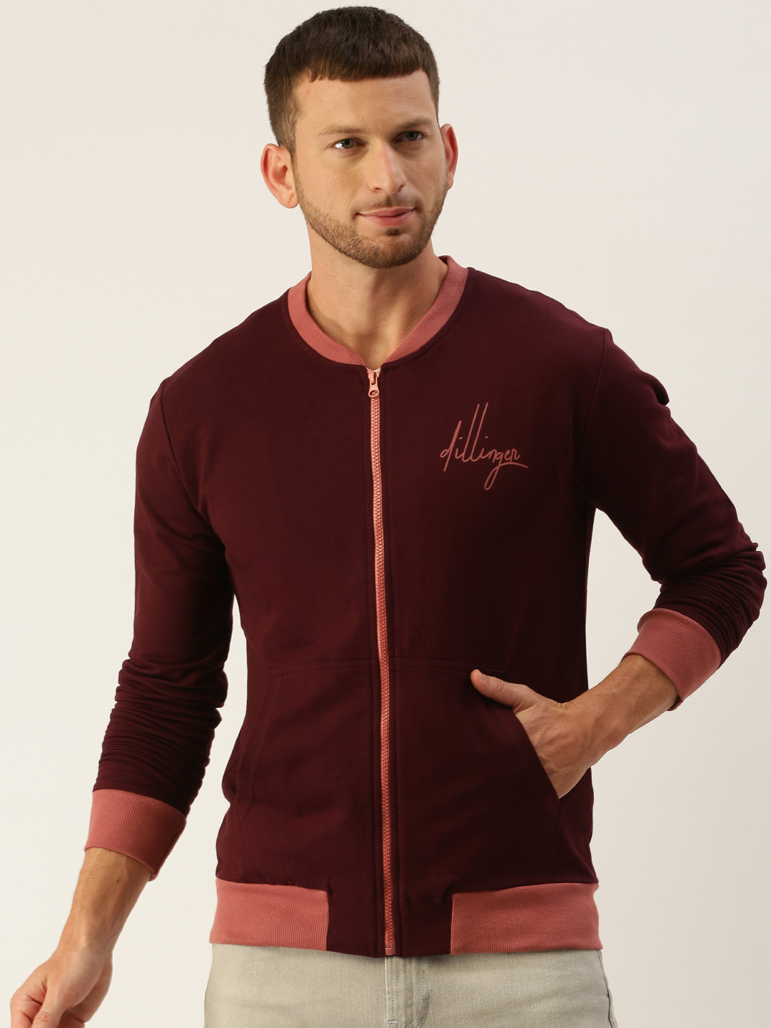 

DILLINGER Men Burgundy Solid Cotton Bomber Jacket