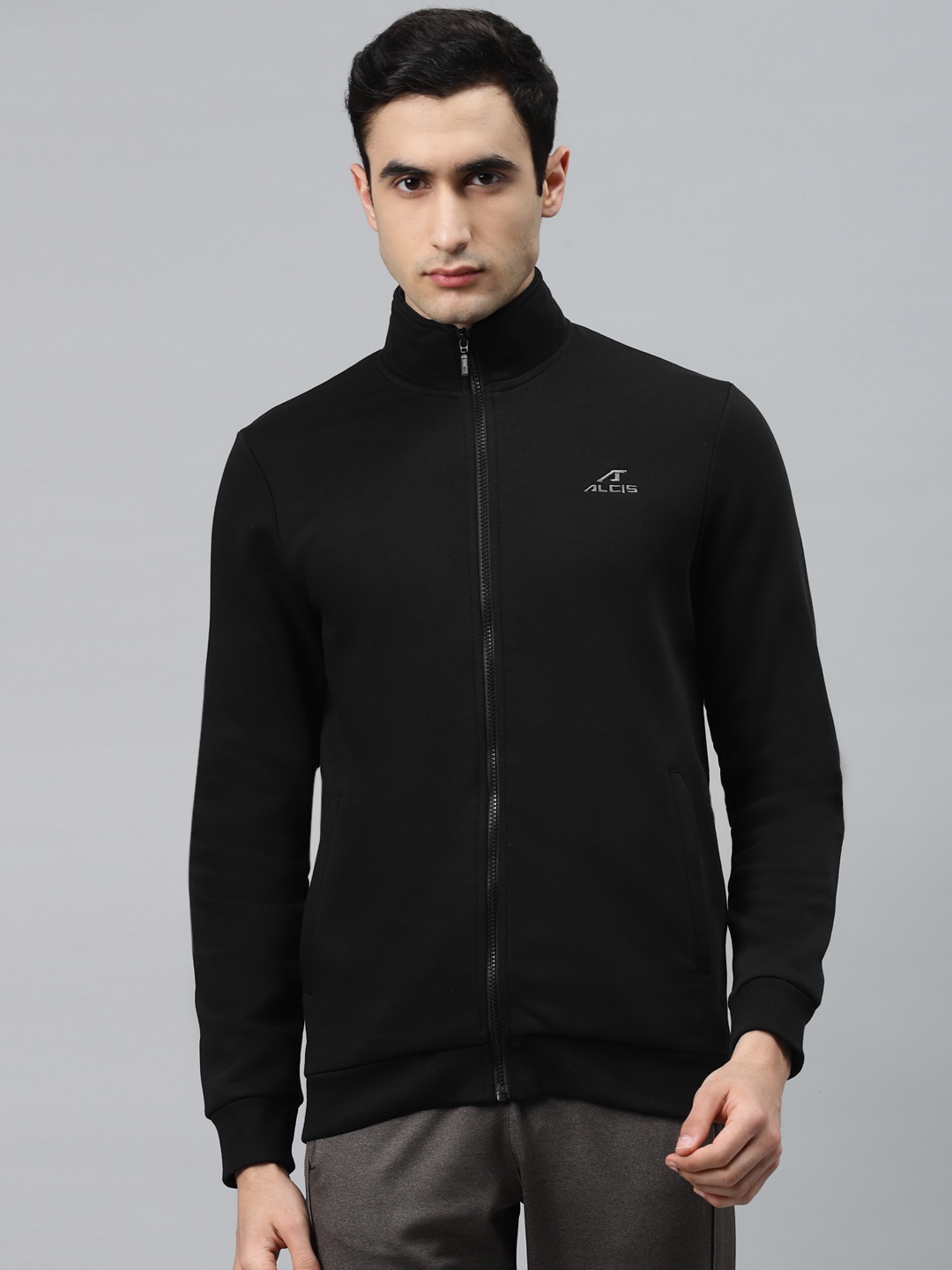 

Alcis Men Black Solid Open-Front Sweatshirt