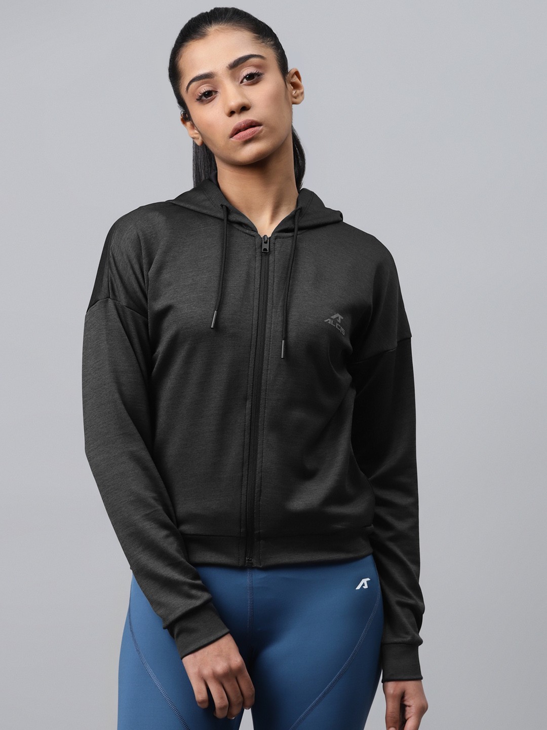 

Alcis Women Charcoal Grey Self-Design Hooded Training Jacket