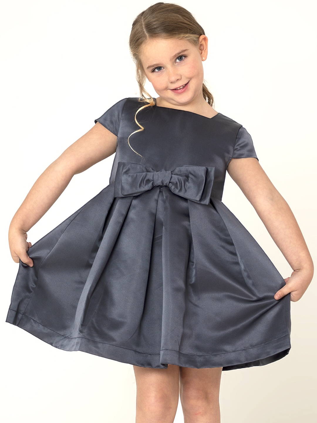 

Cherry Crumble Girls Navy Blue Satin Finish Solid Fit & Flare Dress