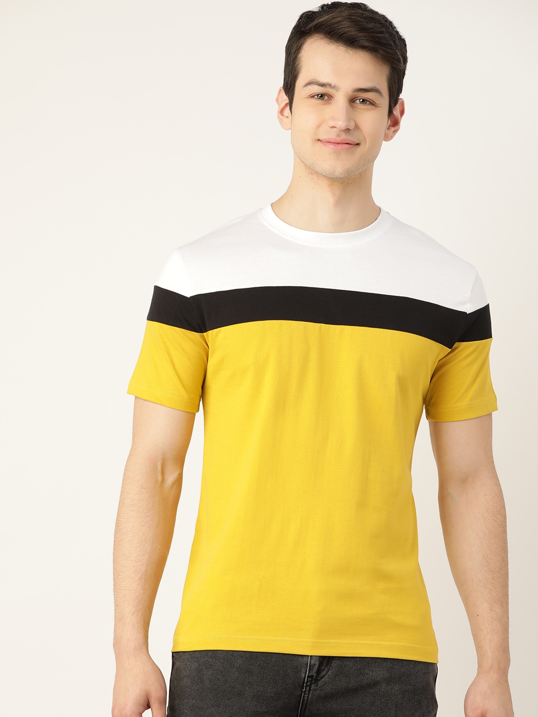 

Rodzen Men Mustard Yellow & White Cotton Striped Round Neck T-shirt