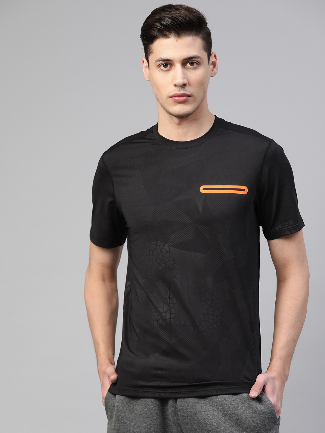 

Fitkin Men Black Printed Round Neck Training T-shirt