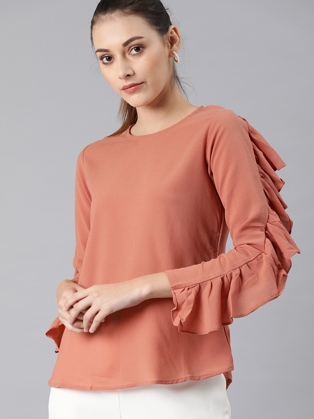 

MIMOSA Women Coral Pink Solid Ruffled Sleeves Top