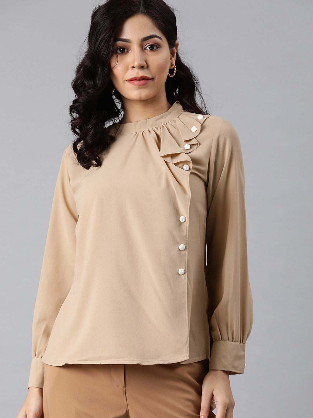 

MIMOSA Women Beige Solid Gathered Wrap Top