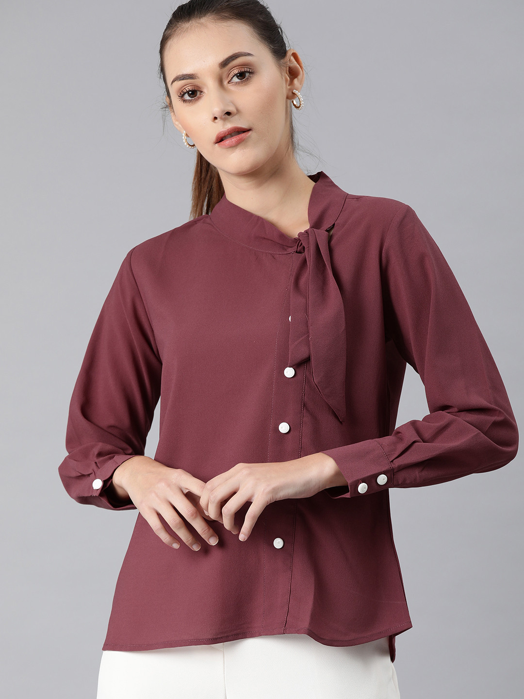

MIMOSA Women Maroon Solid Shirt Style Top
