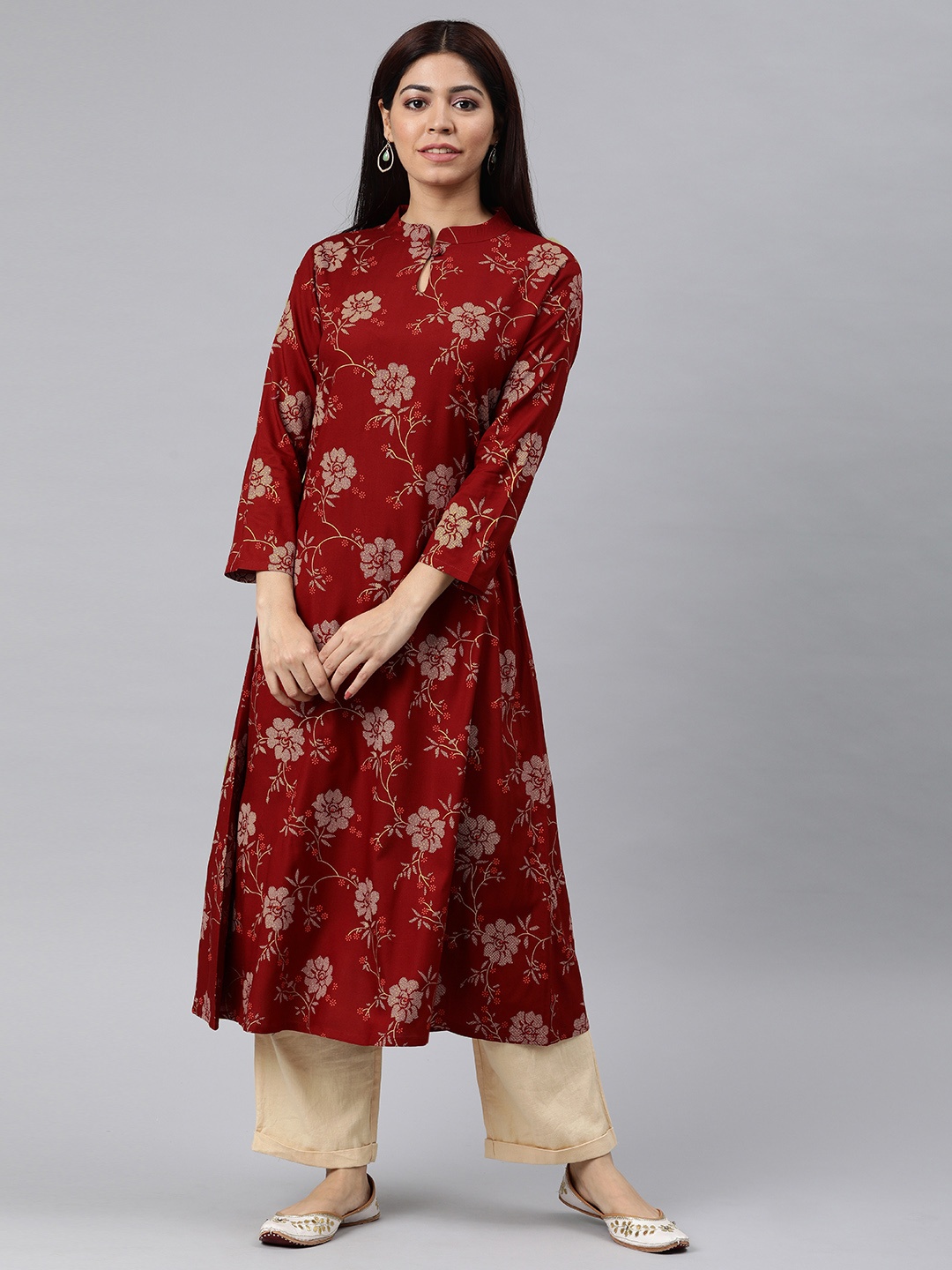 

AHIKA Women Maroon & Beige Printed A-Line Kurta