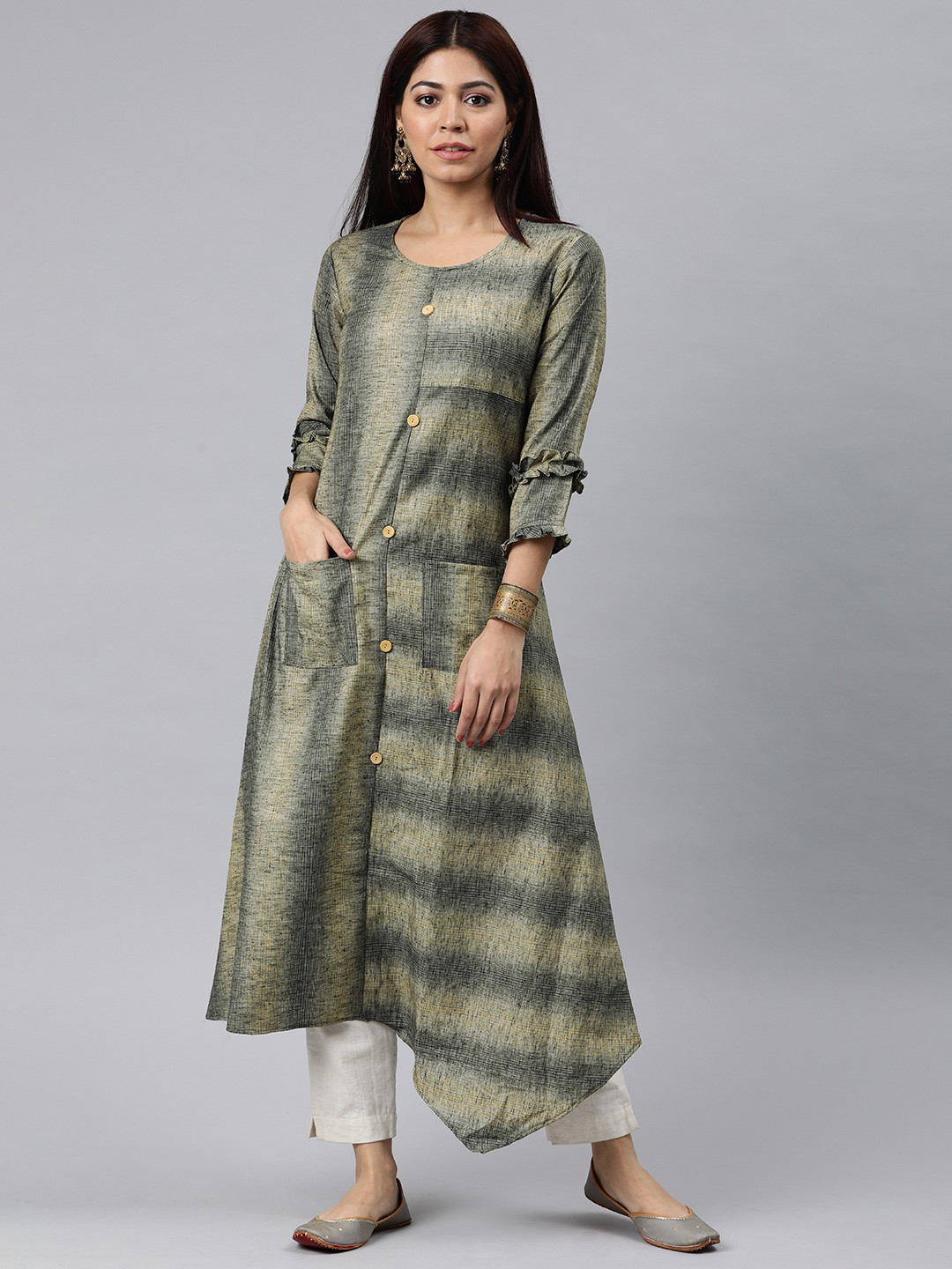 

AHIKA Women Grey & Beige Striped A-Line Panelled Kurta with pockets