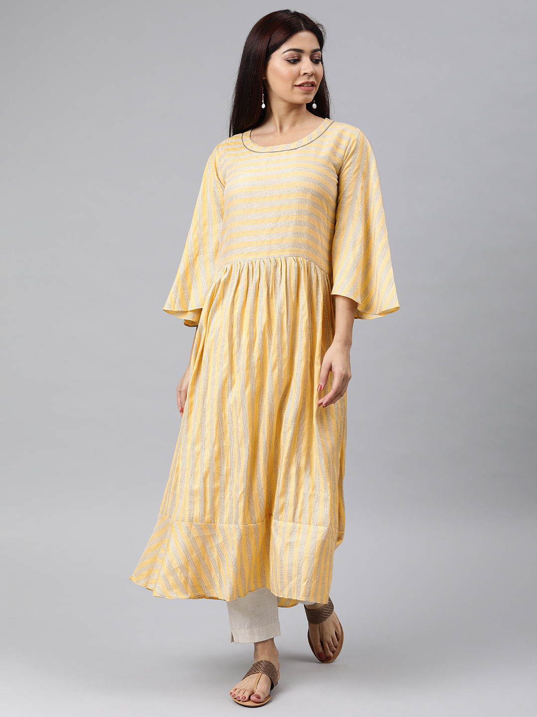 

AHIKA Women Yellow Striped A-Line Kurta