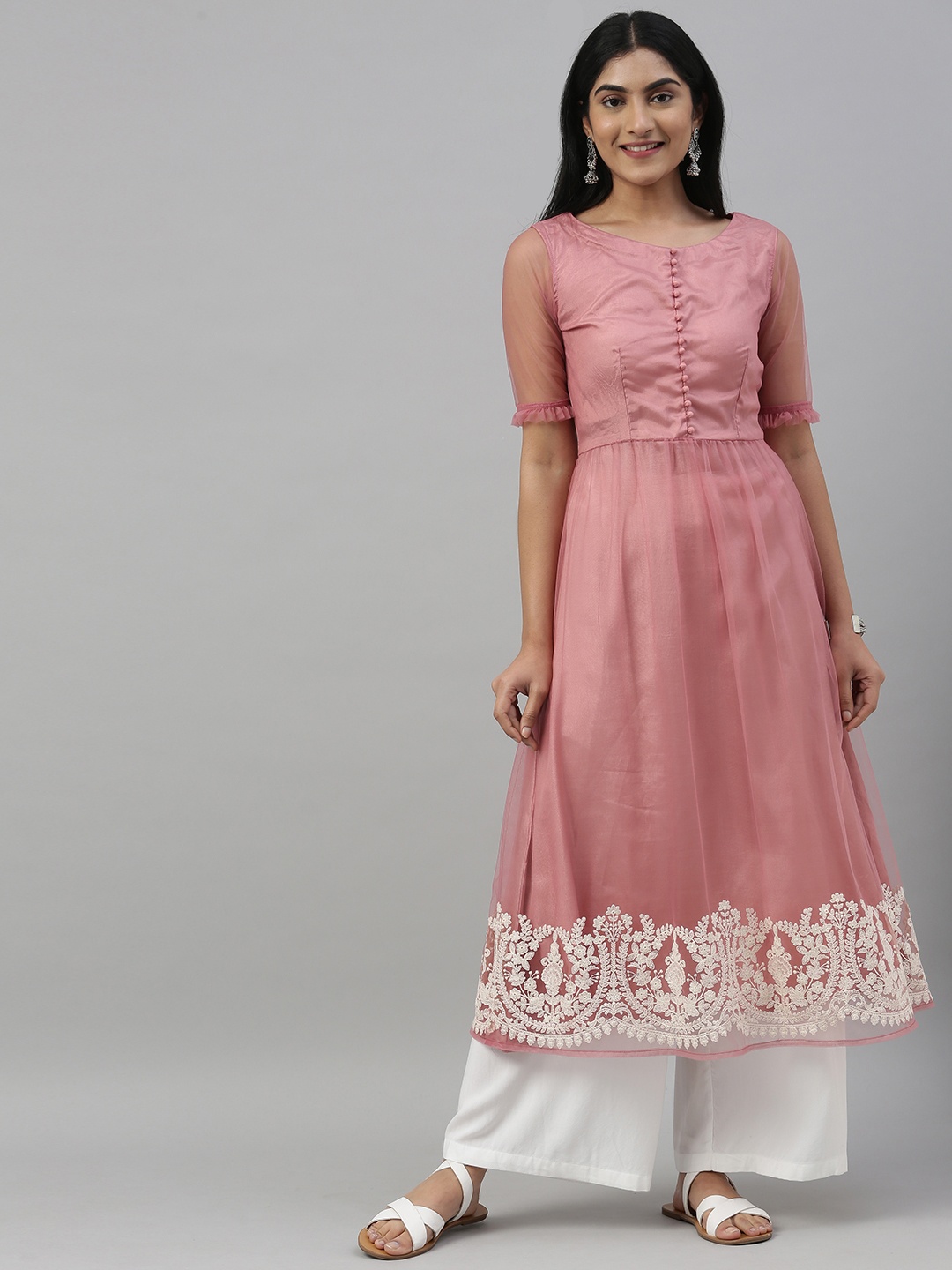 

Inddus Women Pink Embroidered A-Line Kurta
