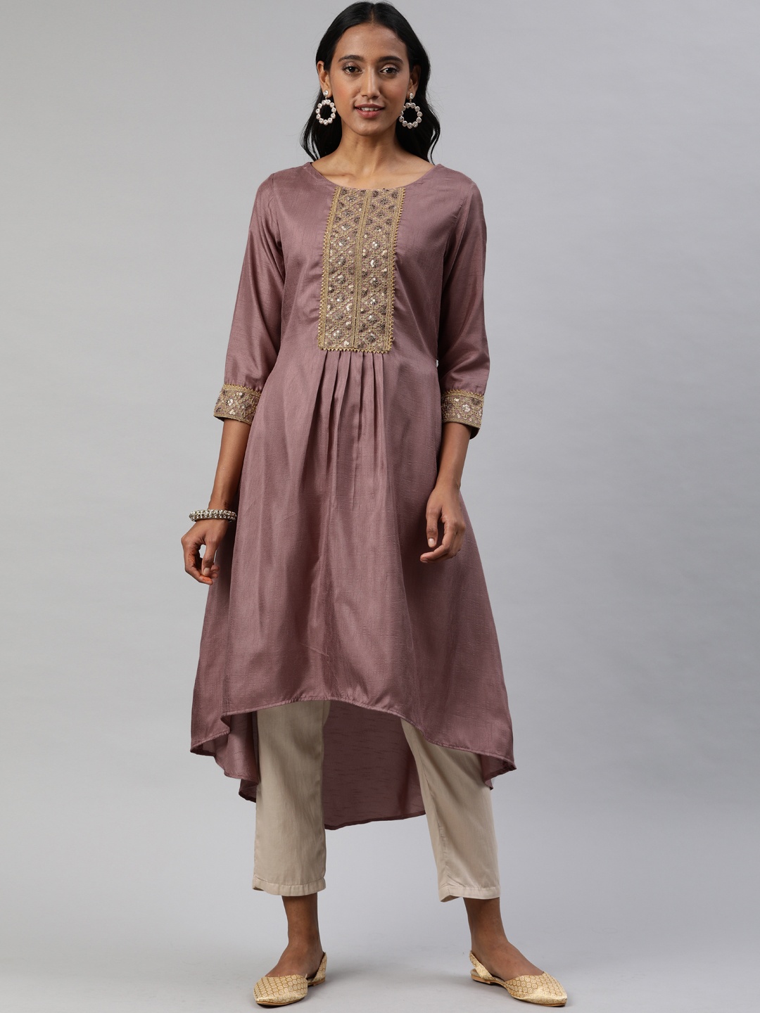 

Inddus Women Mauve Embroidered A-Line Kurta