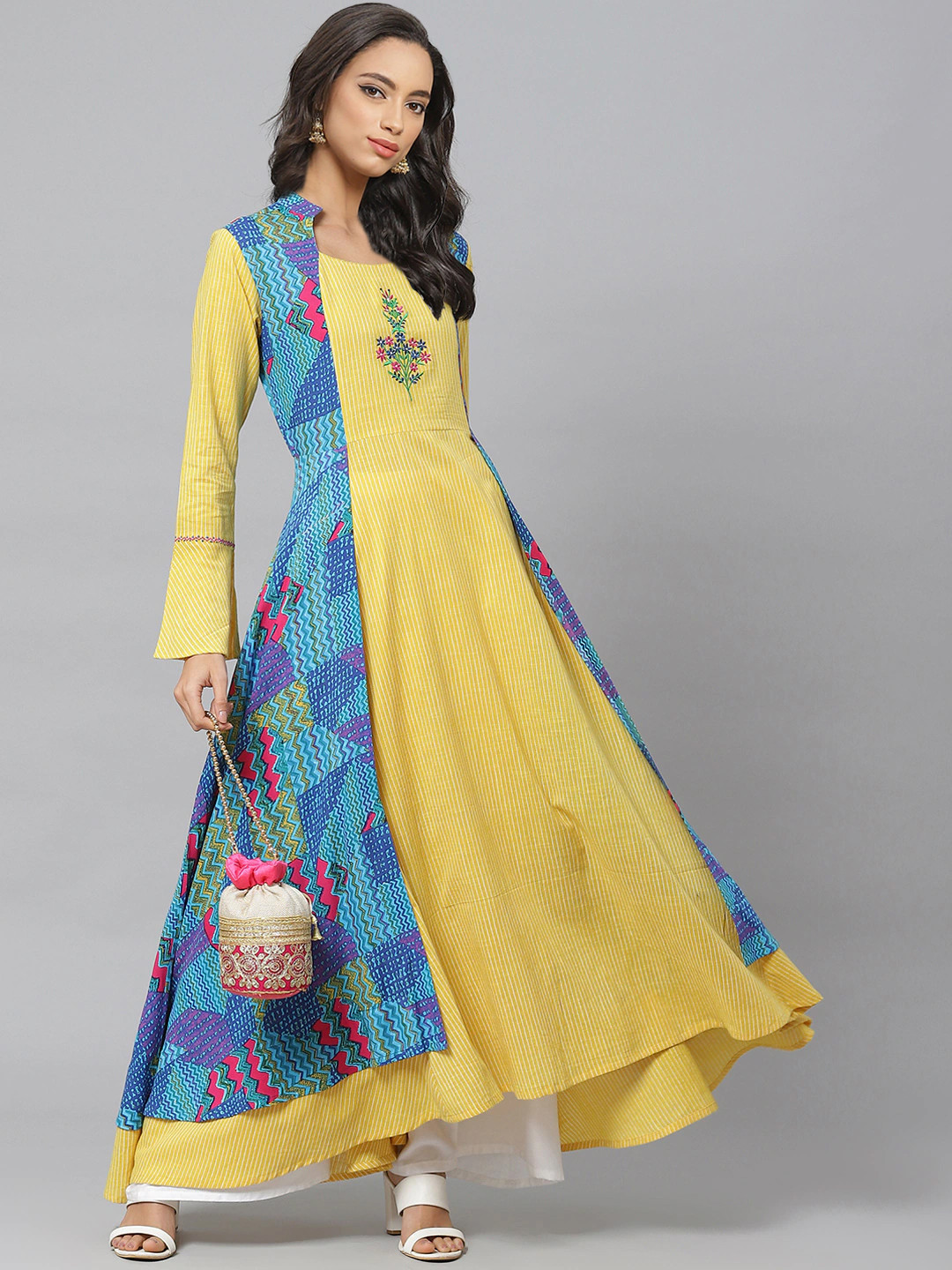 

YASH GALLERY Women Yellow Blue Striped Layered High-Low Anarkali Kurta
