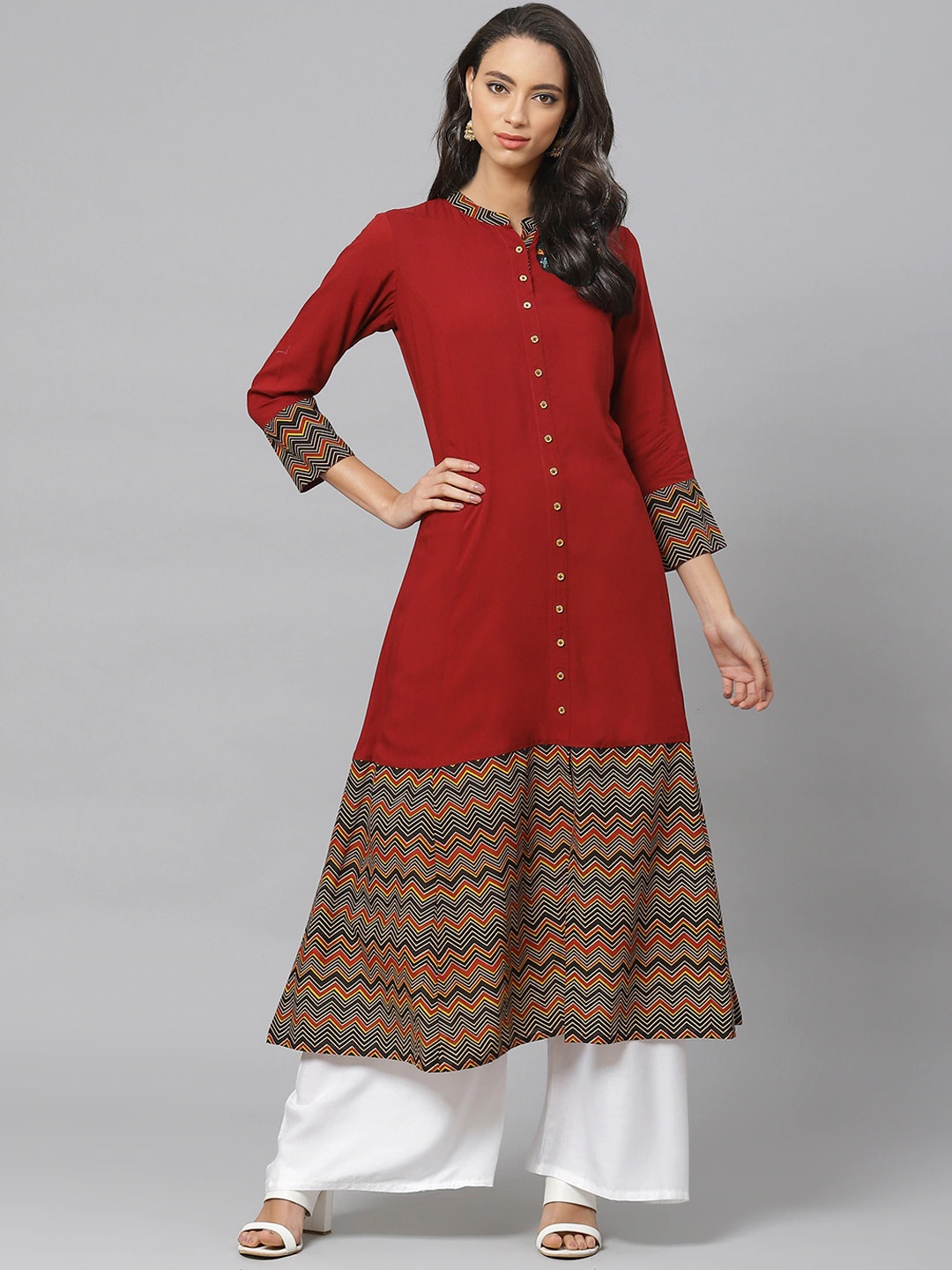 

YASH GALLERY Women Maroon Orange Printed A-Line Kurta