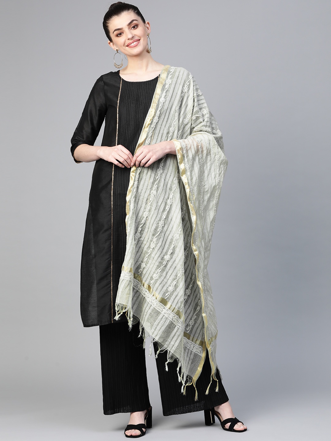 

ADA Grey Chikankari Hand Embroidered Sustainable Kota Handloom Dupatta