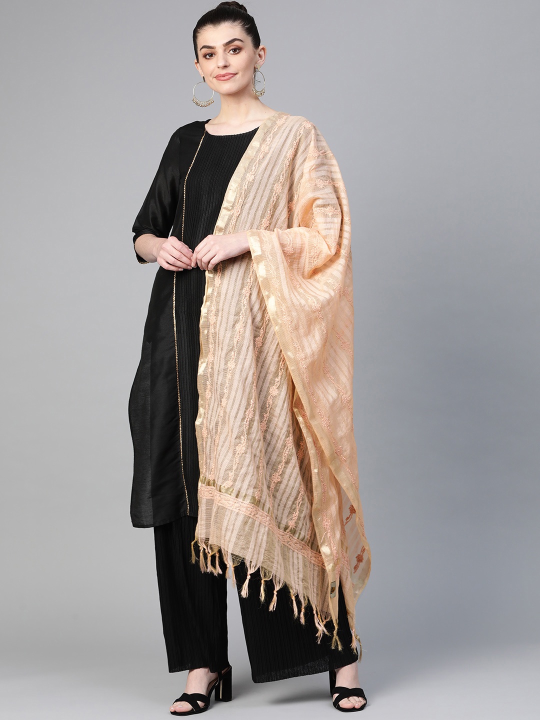 

ADA Beige Embroidered Sustainable Kota Dupatta with Chikankari Hand Embroidery
