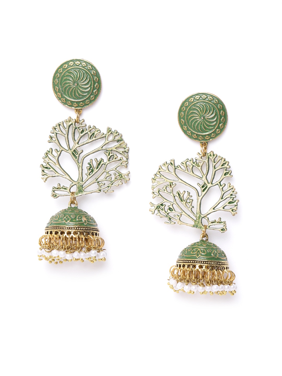 

DIVA WALK Olive Green Gold-Plated Beaded Handcrafted Dome Shaped Jhumkas
