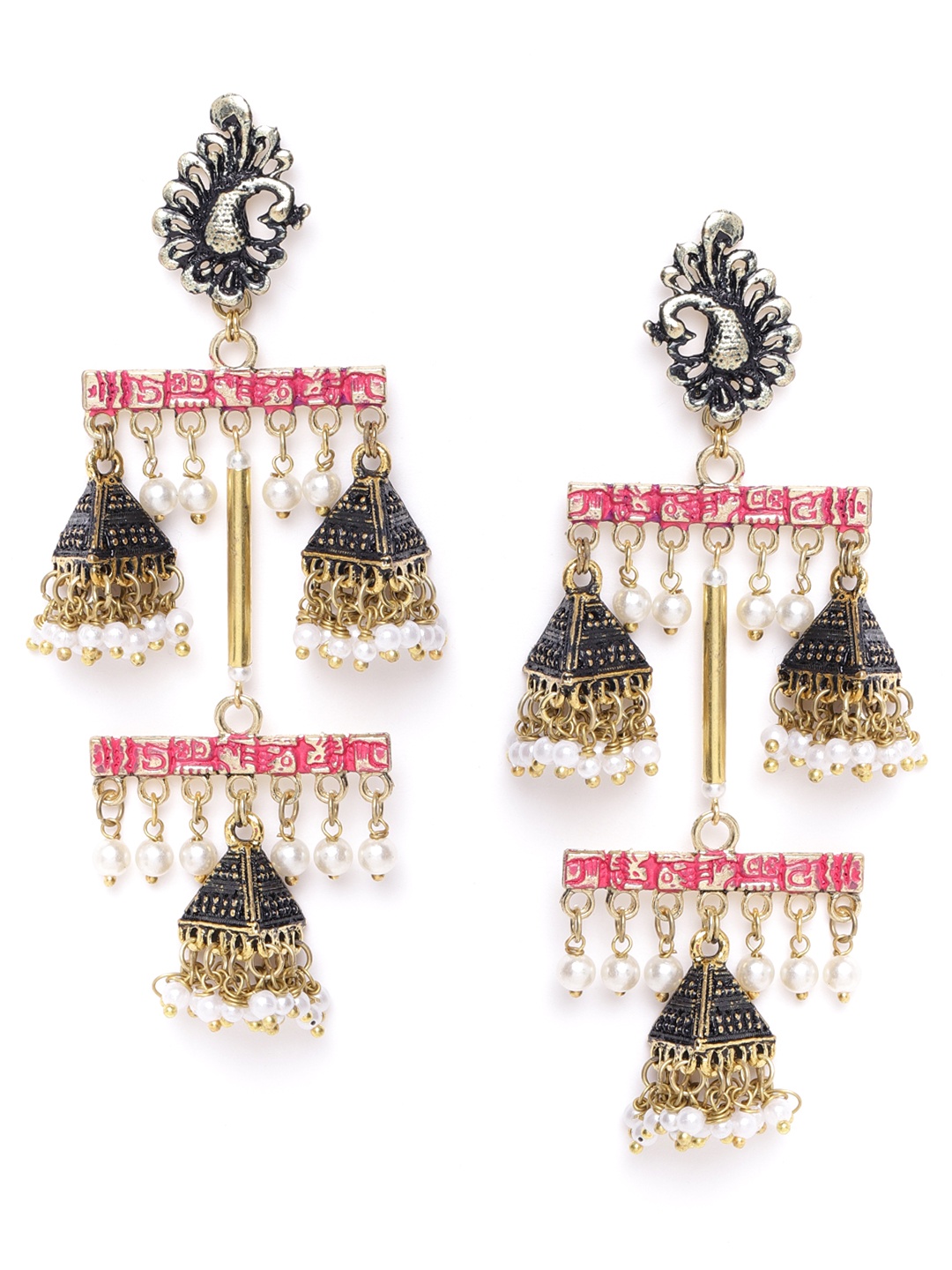 

DIVA WALK Black & Pink Gold-Plated Beaded Handcrafted Dome Shaped Drop Earrings