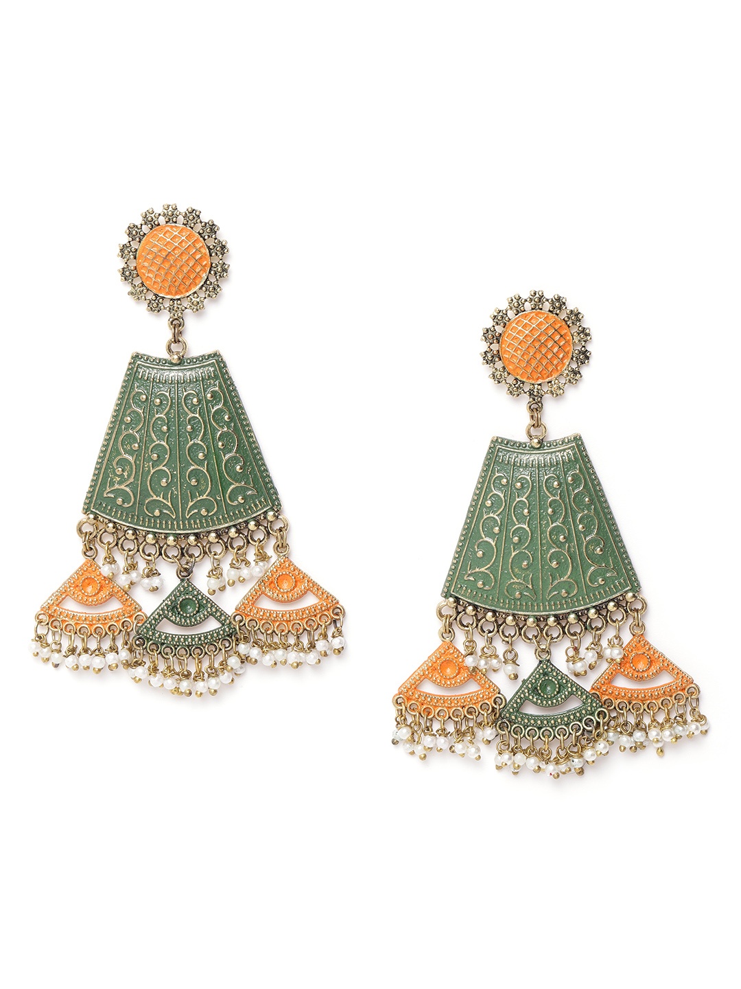 

DIVA WALK Green & Orange Gold-Plated Beaded Handcrafted Geometric Drop Earrings