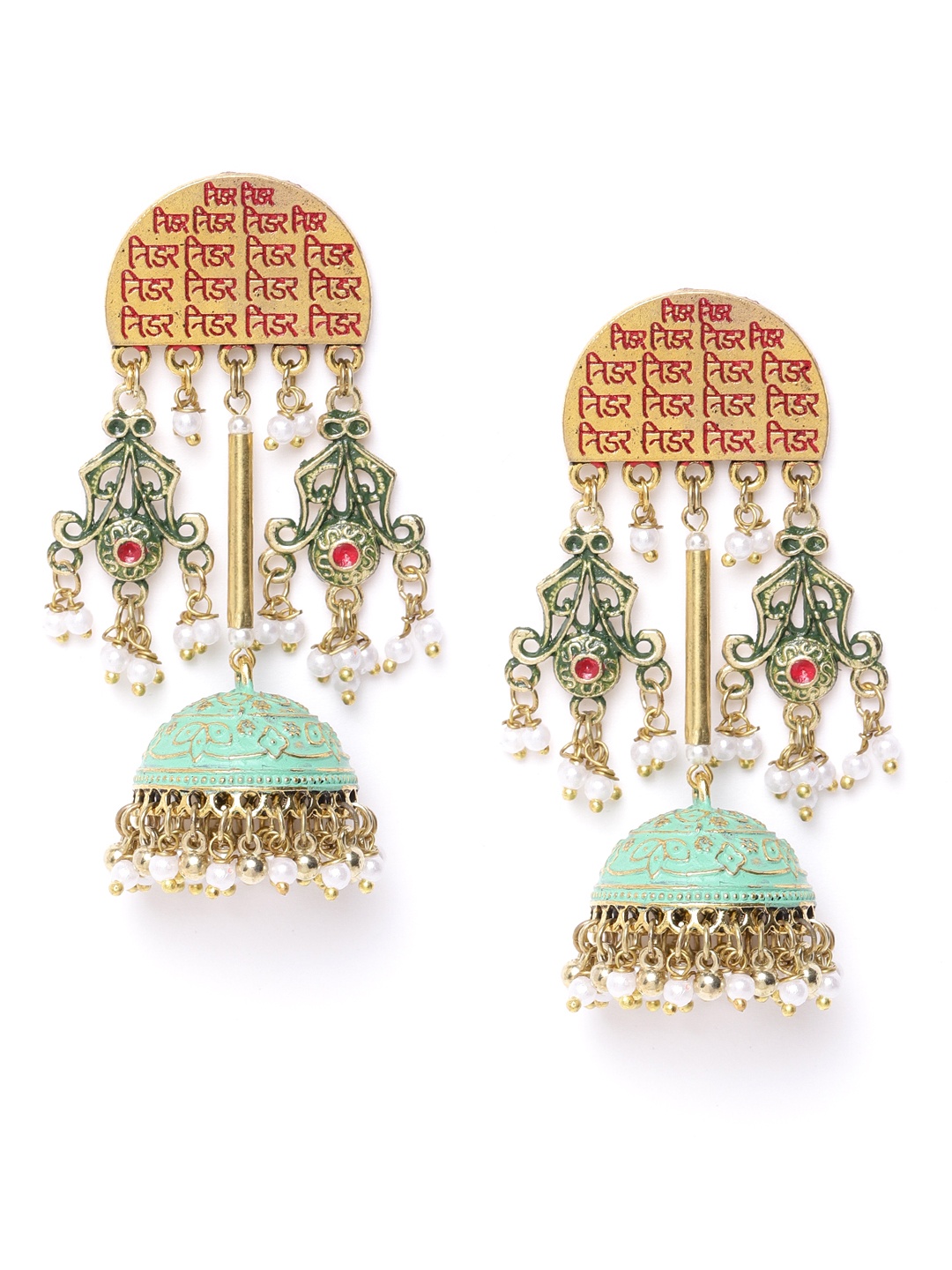 DIVA WALK Green Gold-Plated Beaded Handcrafted Enamelled Dome Shaped Jhumkas