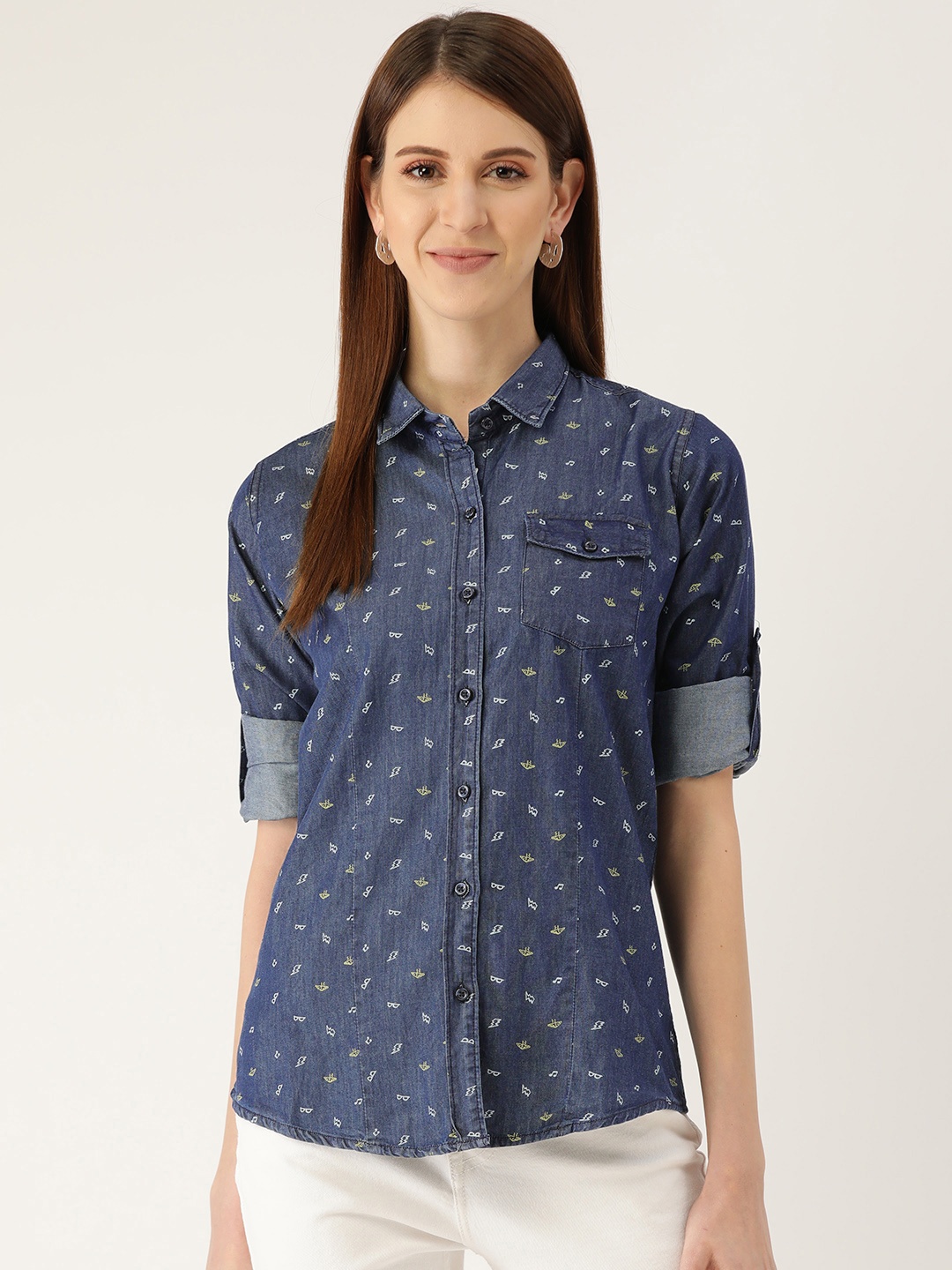 

The Dry State Women Navy Blue & White Cotton Regular Fit Quirky Printed Casual Denim Shirt