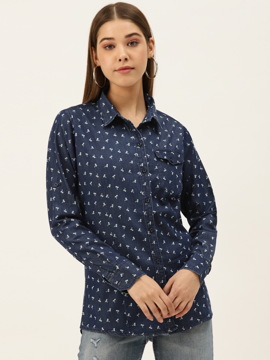 The Dry State Women Navy Blue & White Regular Fit Palm Tree Print Casual Shirt