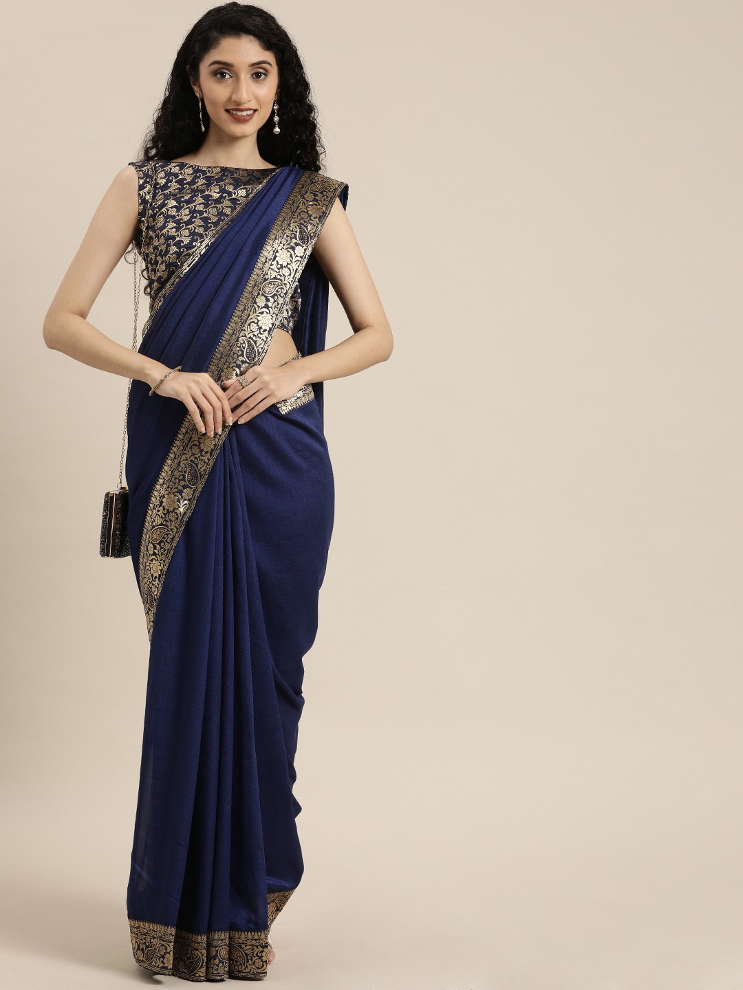 

Inddus Navy Blue Solid Silk Blend Saree