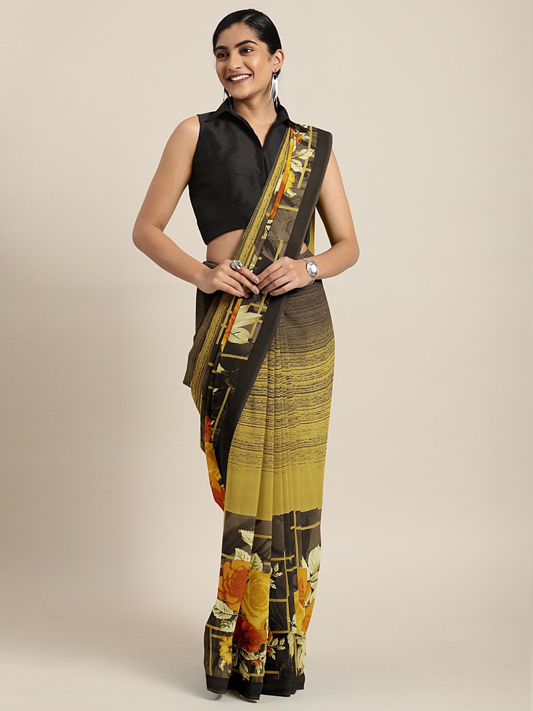 

KALINI Olive Green & Brown Poly Georgette Printed Saree