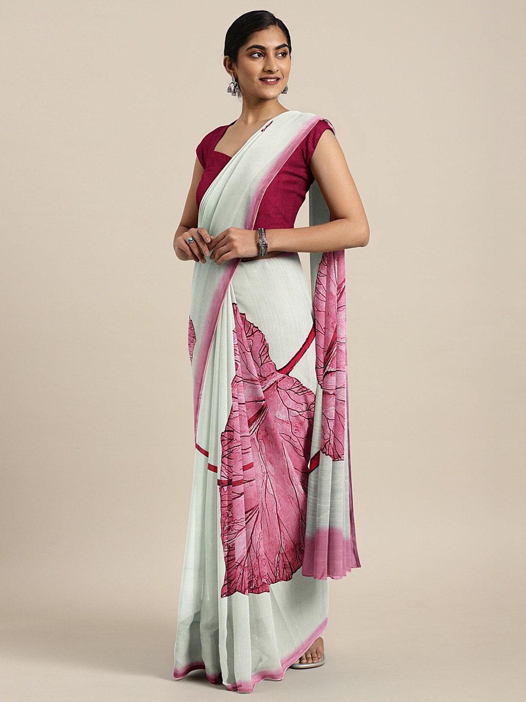 

Mitera Off-White & Pink Organza Floral Printed Saree