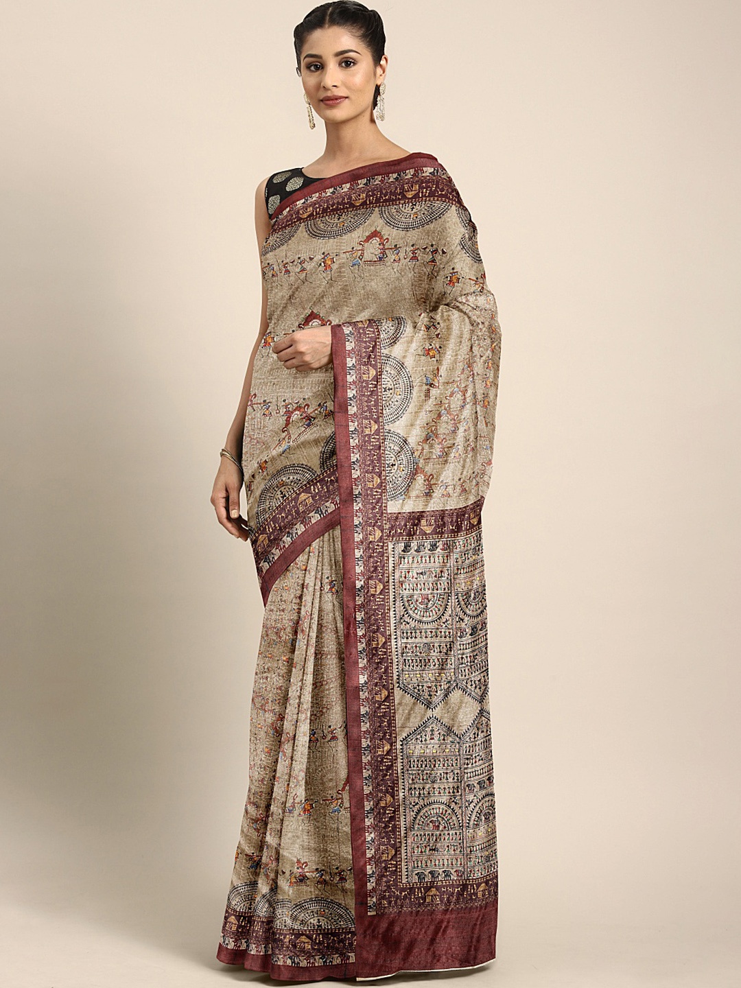 

Mitera Beige & Maroon Silk Blend Warli Printed Saree