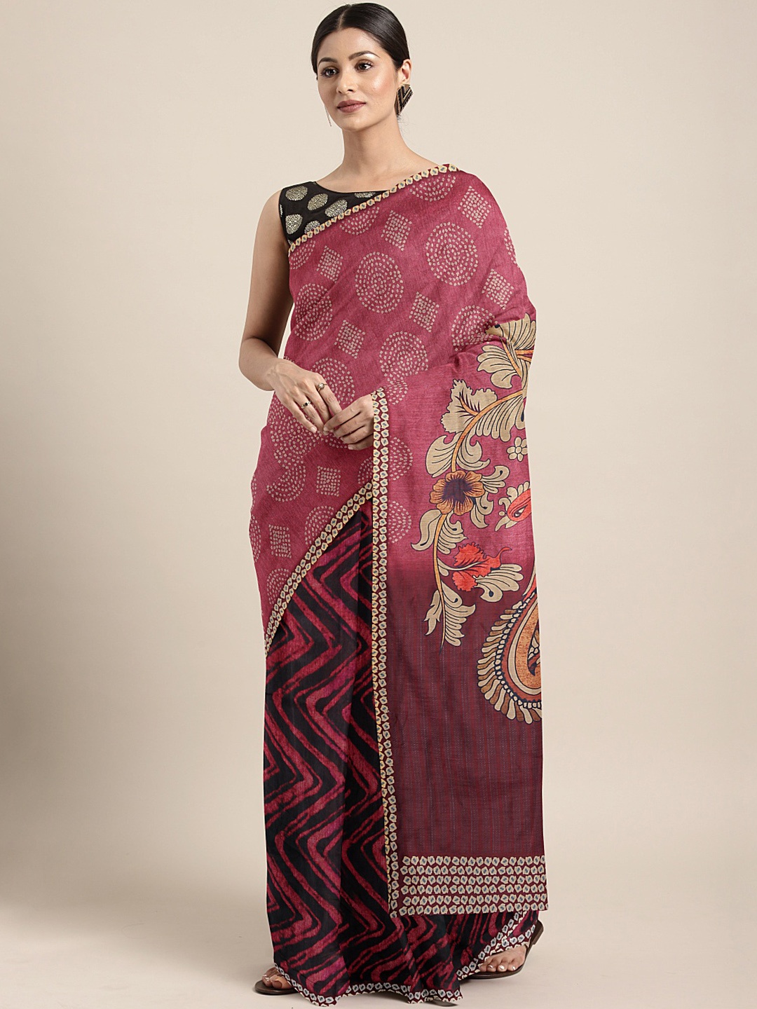 

Mitera Magenta Pink & Black Silk Blend Printed Saree