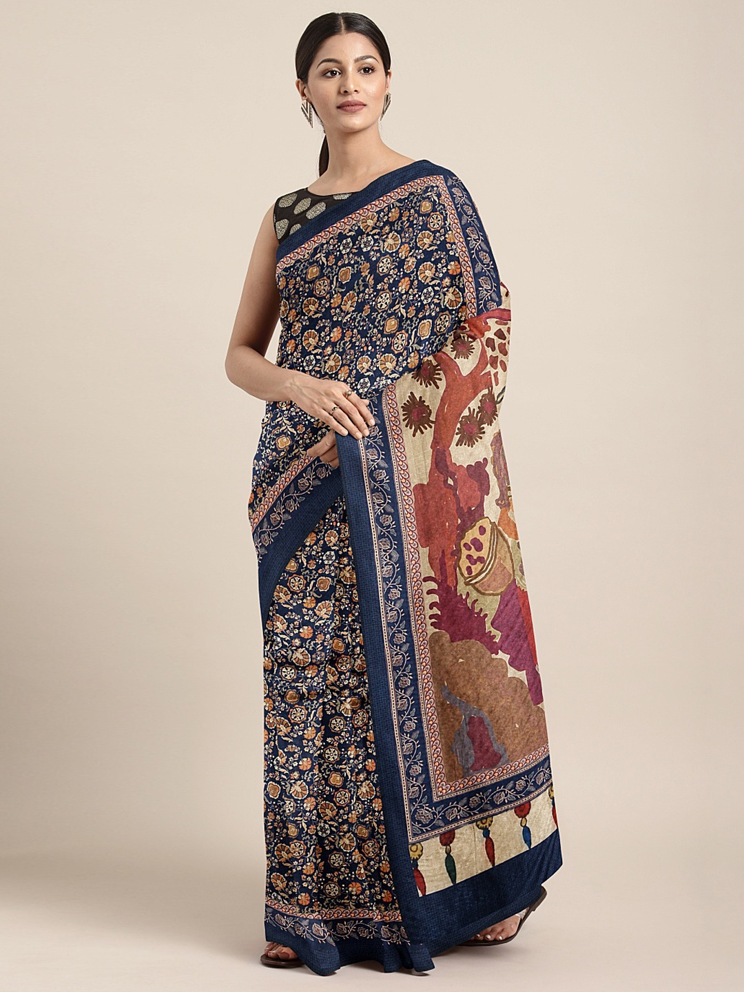 

Mitera Navy Blue & Beige Silk Blend Printed Saree