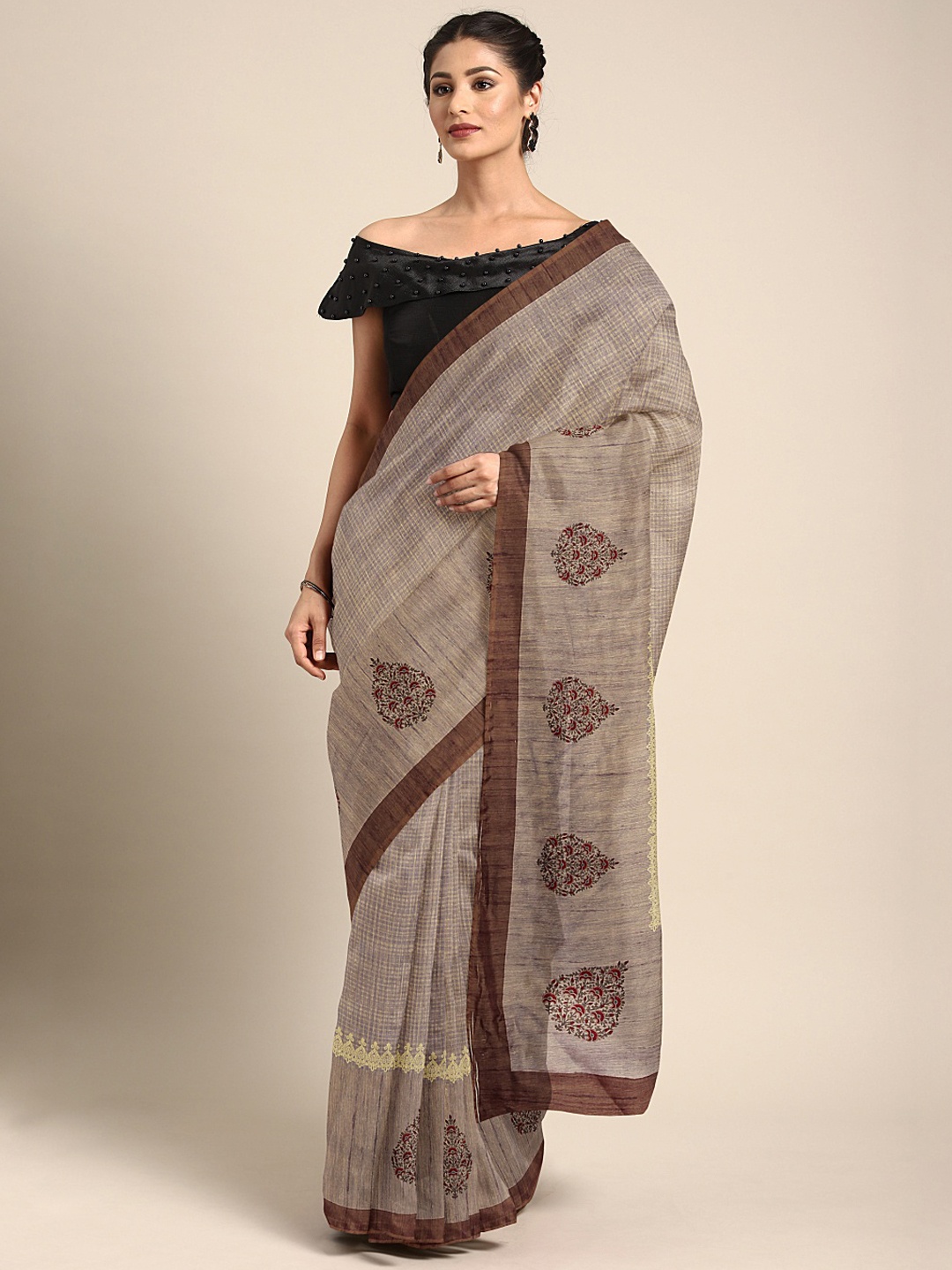 

Mitera Beige & Brown Silk Blend Printed Saree