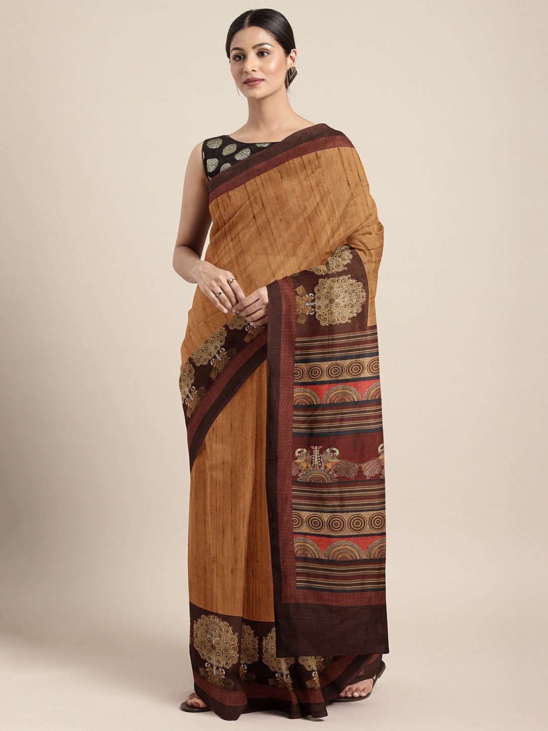 

Mitera Beige & Brown Silk Blend Solid Saree