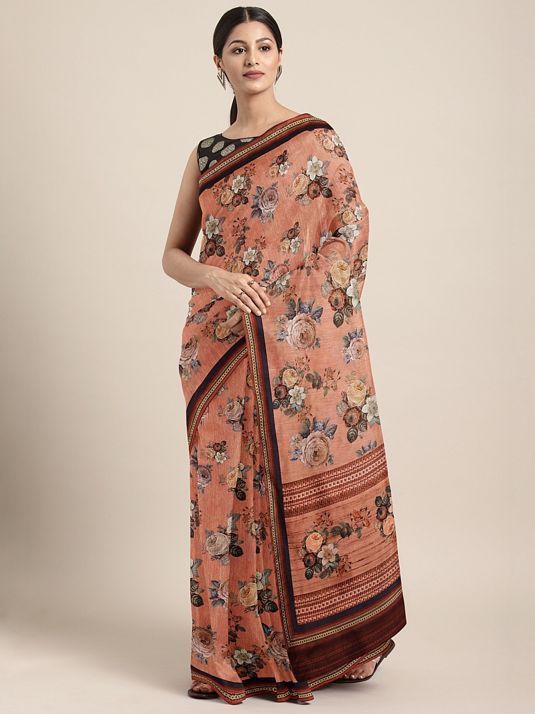 

Mitera Peach-Coloured & Off-White Silk Blend Floral Printed Saree