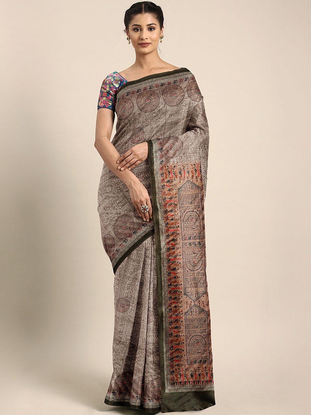 

Mitera Brown Warli Printed Silk Blend Saree