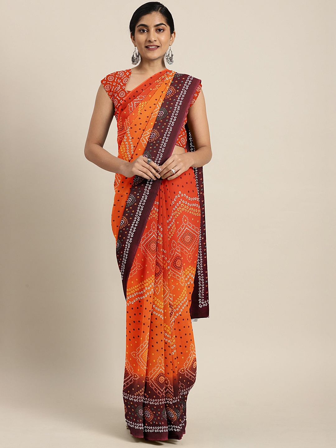 

KALINI Orange & Brown Poly Georgette Bandhani Printed Saree