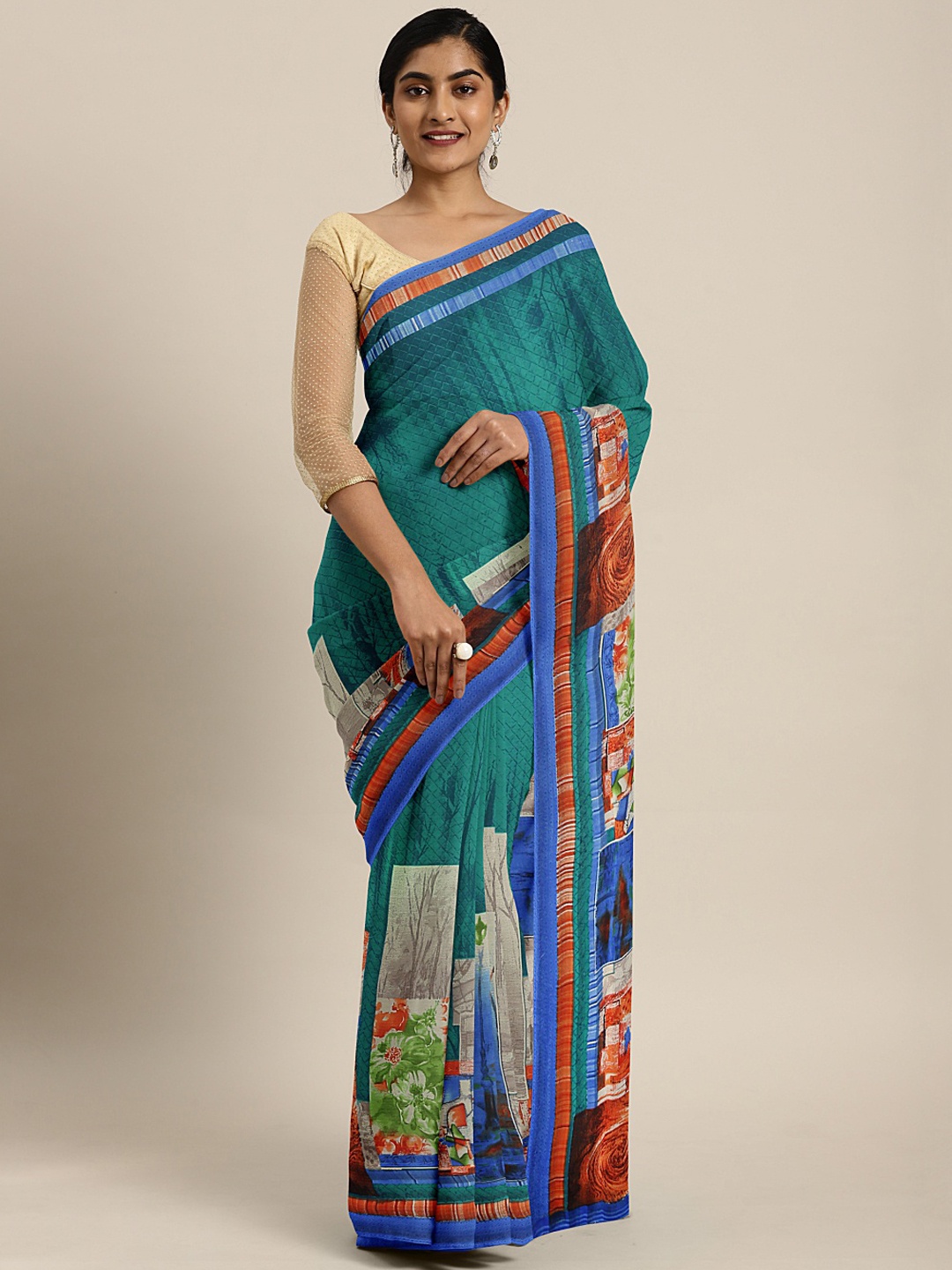 

KALINI Teal Blue & Orange Poly Georgette Printed Saree