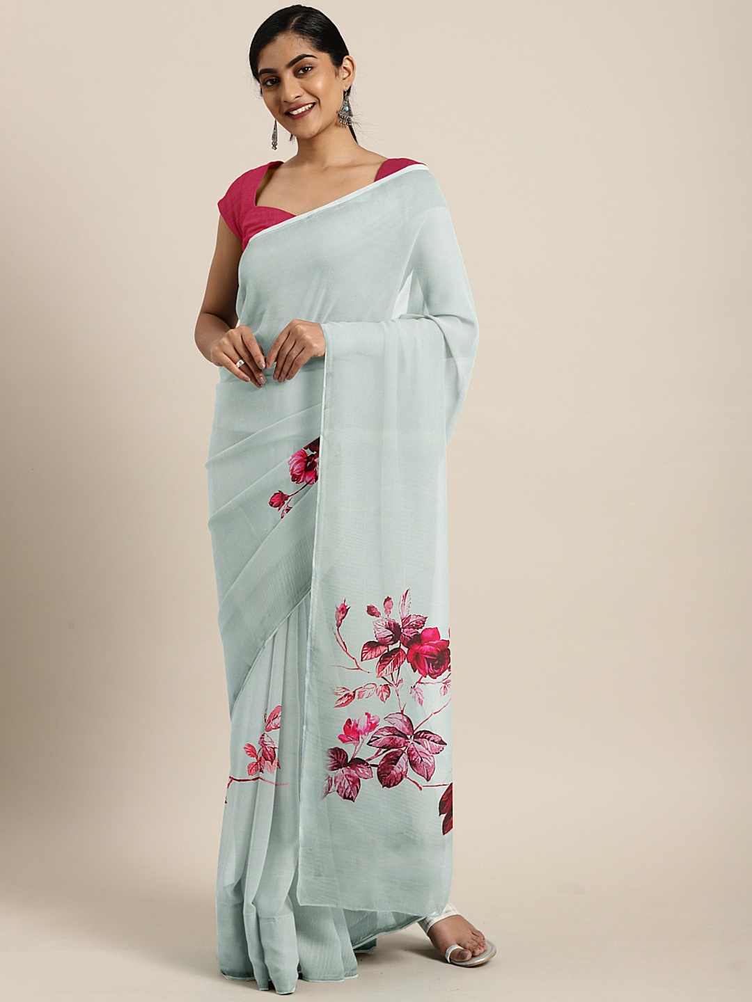 

KALINI Blue Floral Printed Organza Saree