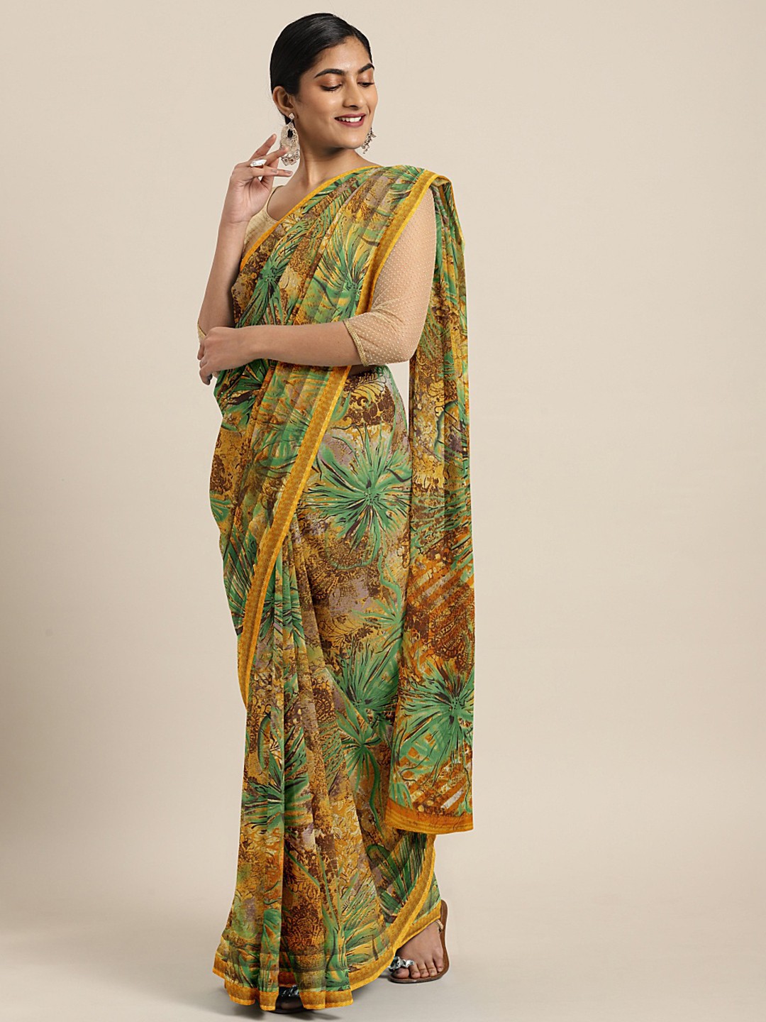 

KALINI Mustard Yellow & Green Poly Georgette Printed Saree
