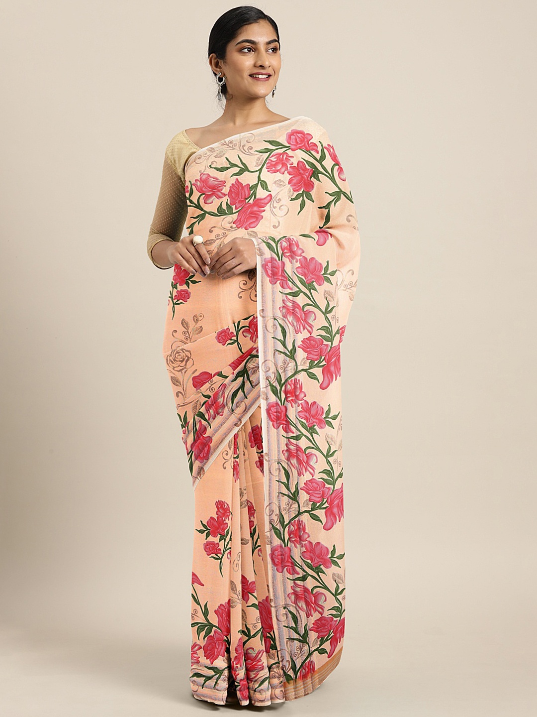 

KALINI Peach-Coloured & Pink Poly Georgette Printed Saree