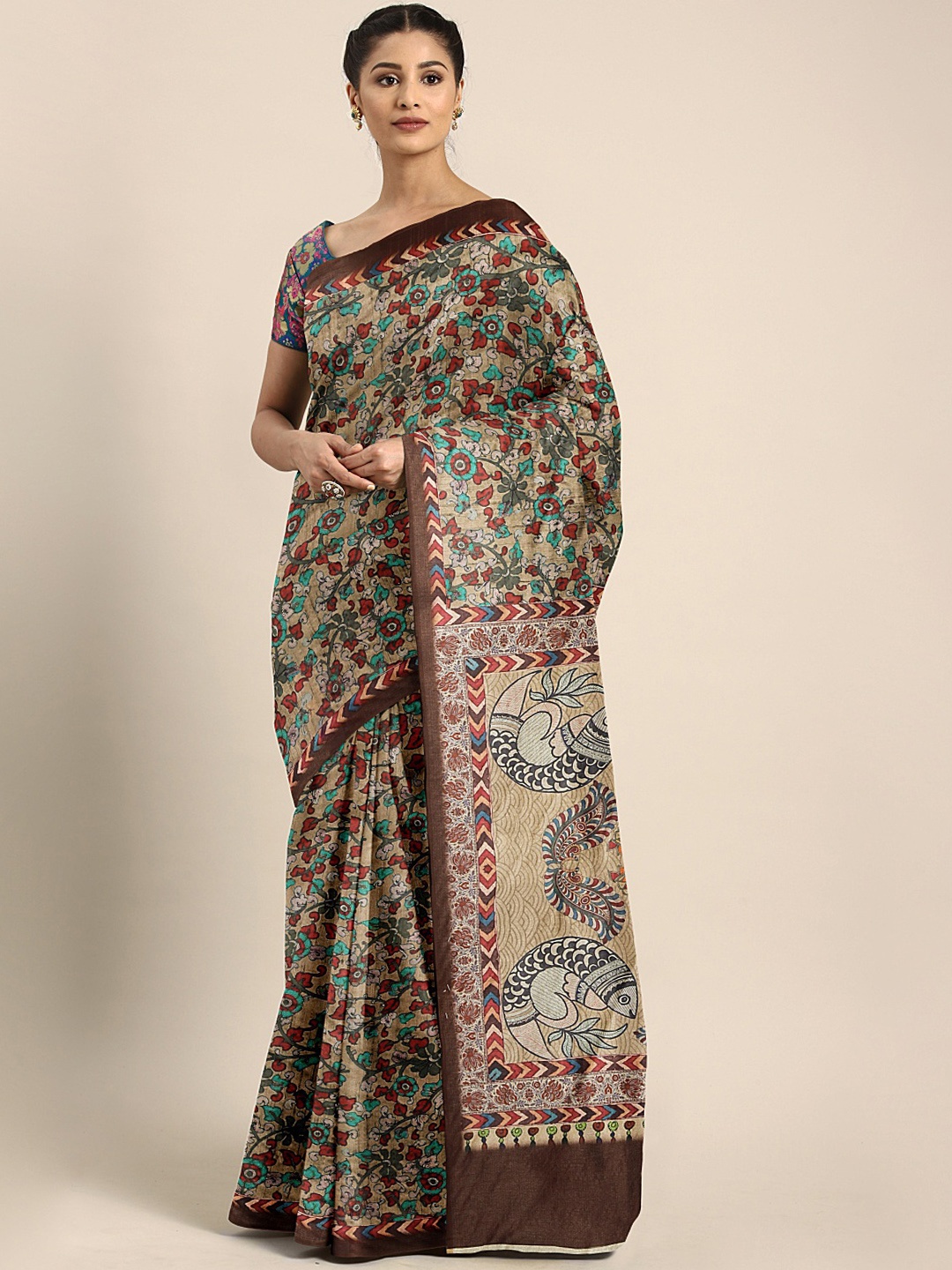 

Mitera Beige Printed Silk Blend Saree