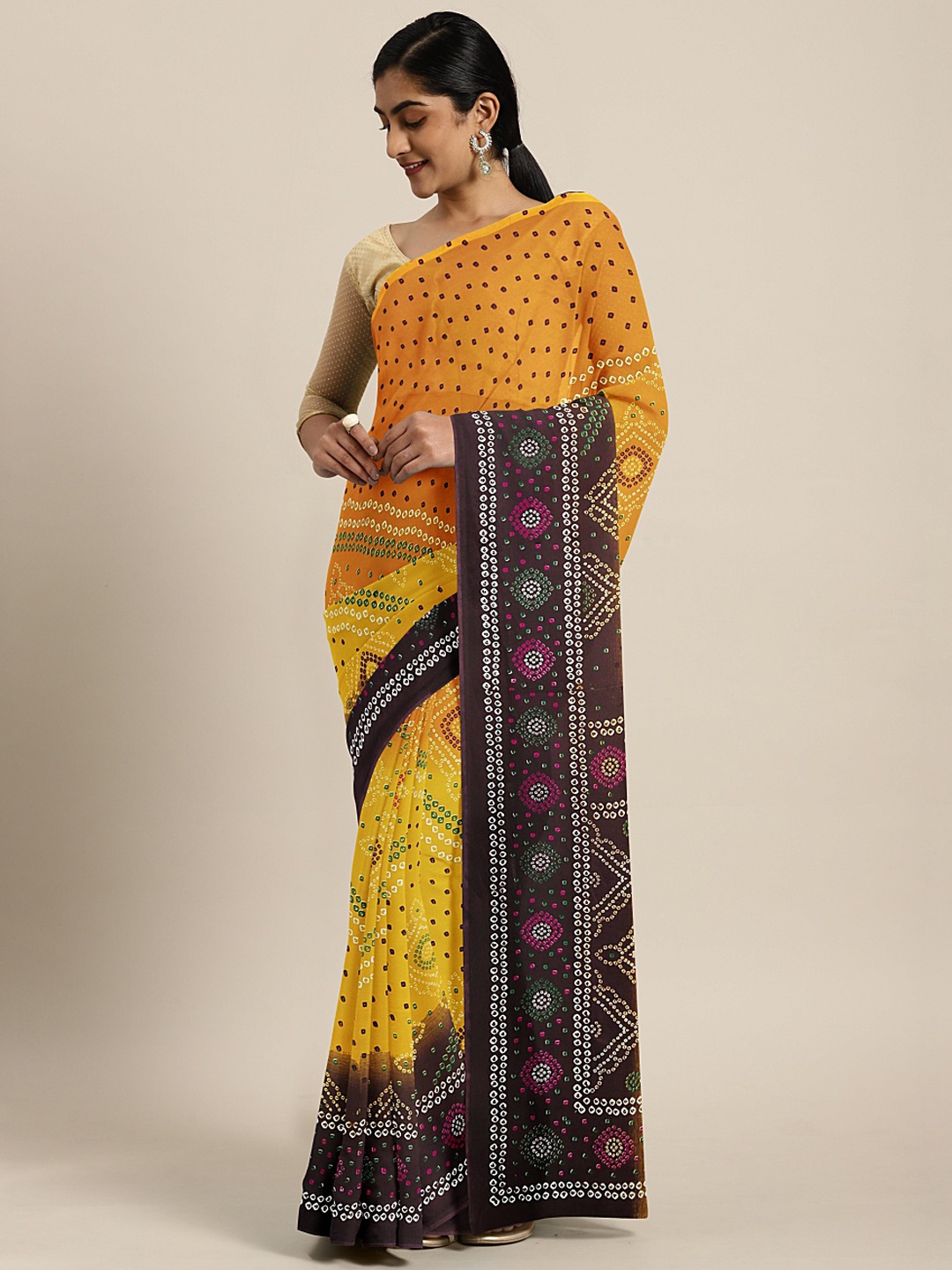 

KALINI Mustard Yellow & Brown Poly Georgette Printed Saree