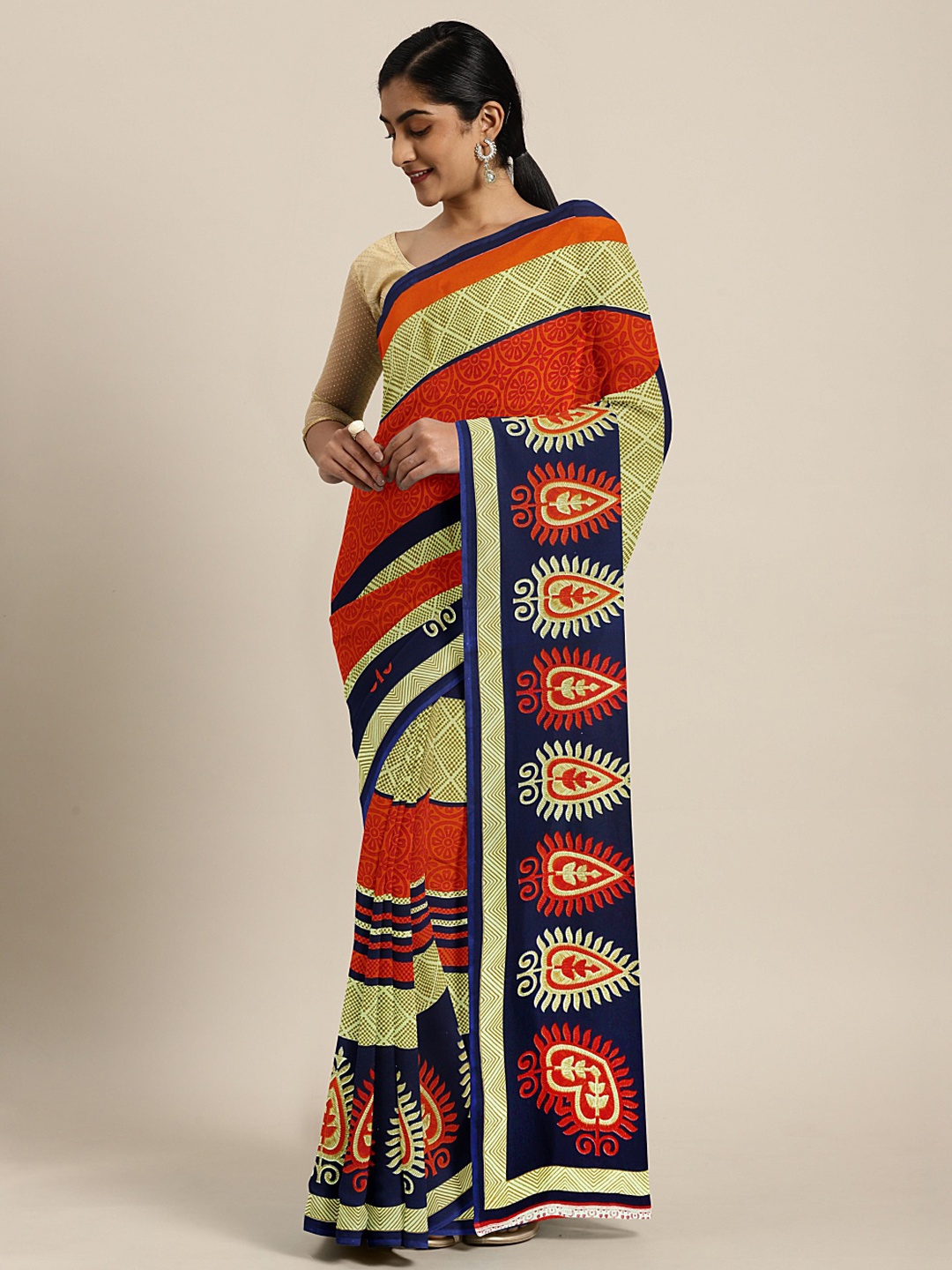 

KALINI Orange & Beige Poly Georgette Printed Saree