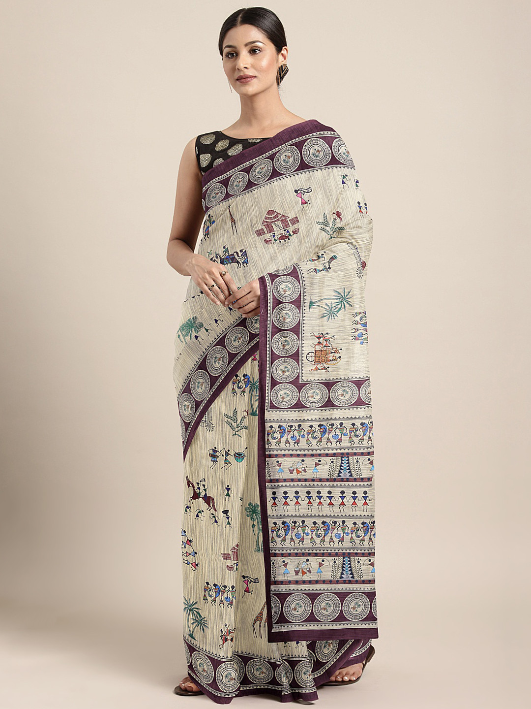 

KALINI Beige Printed Silk Blend Saree