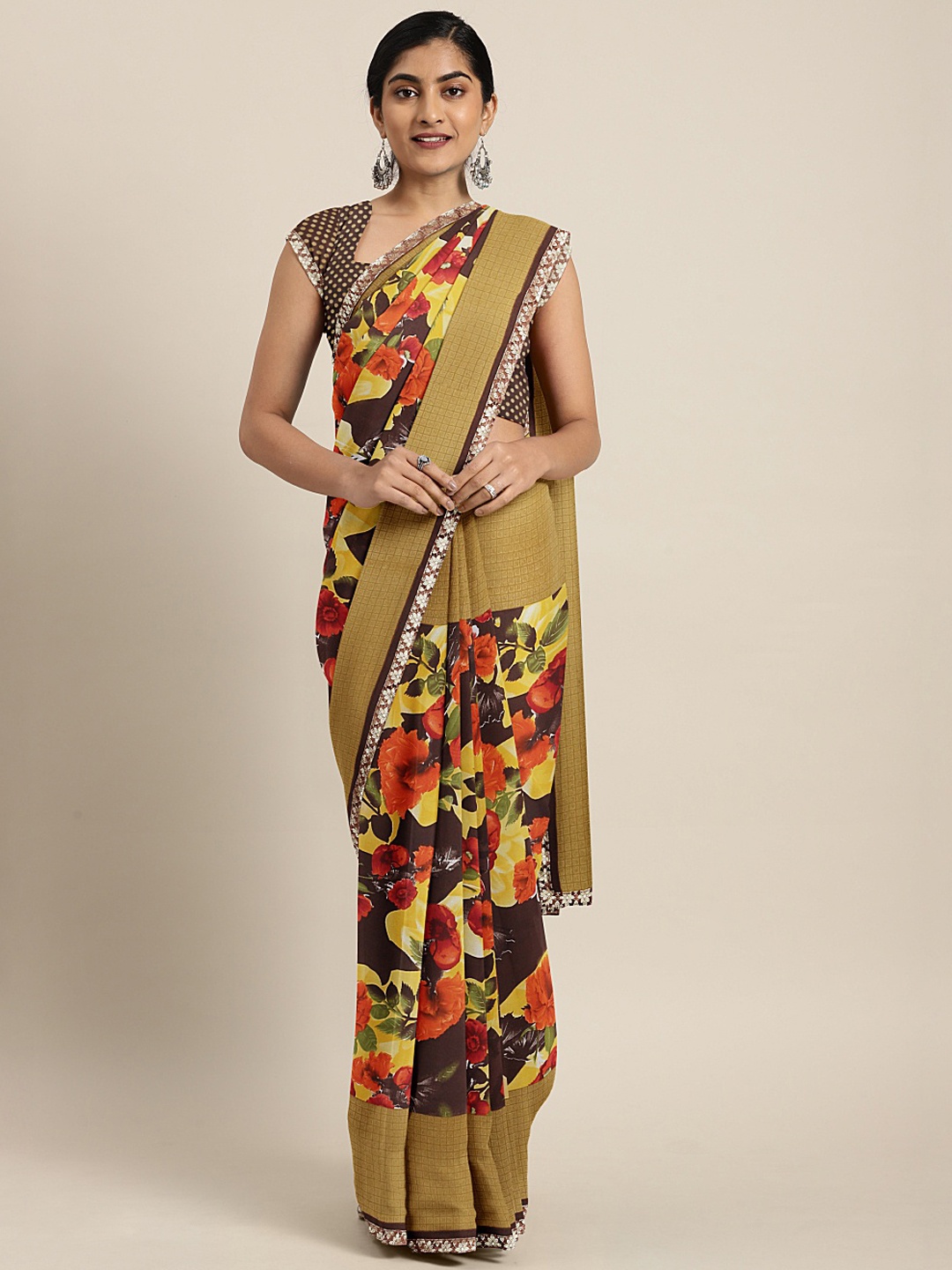 

Mitera Brown Printed Poly Georgette Saree