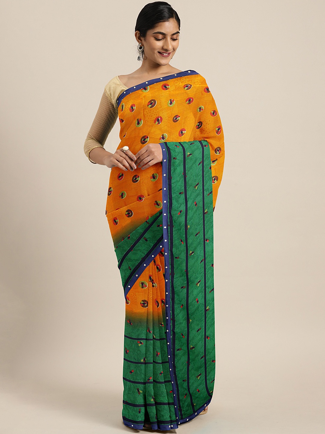 

Mitera Orange & Green Poly Georgette Printed Saree