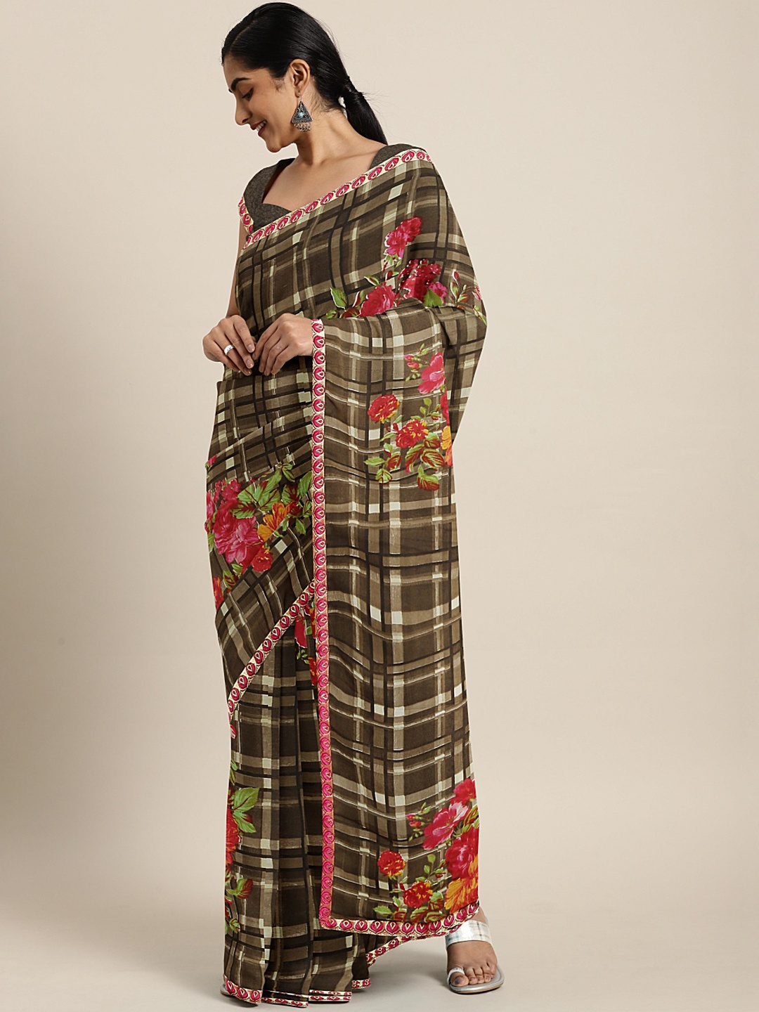 

Mitera Olive Green & White Poly Georgette Checked Saree