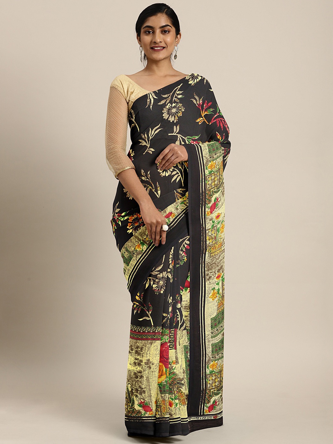 

KALINI Brown & Yellow Poly Georgette Floral Printed Saree