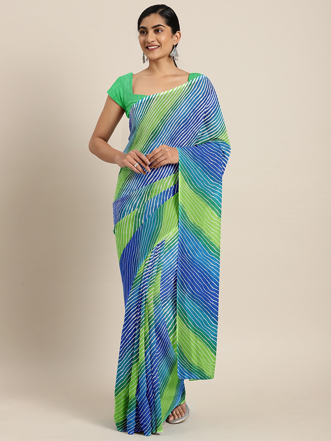 

KALINI Green & Blue Poly Georgette Leheriya Printed Saree