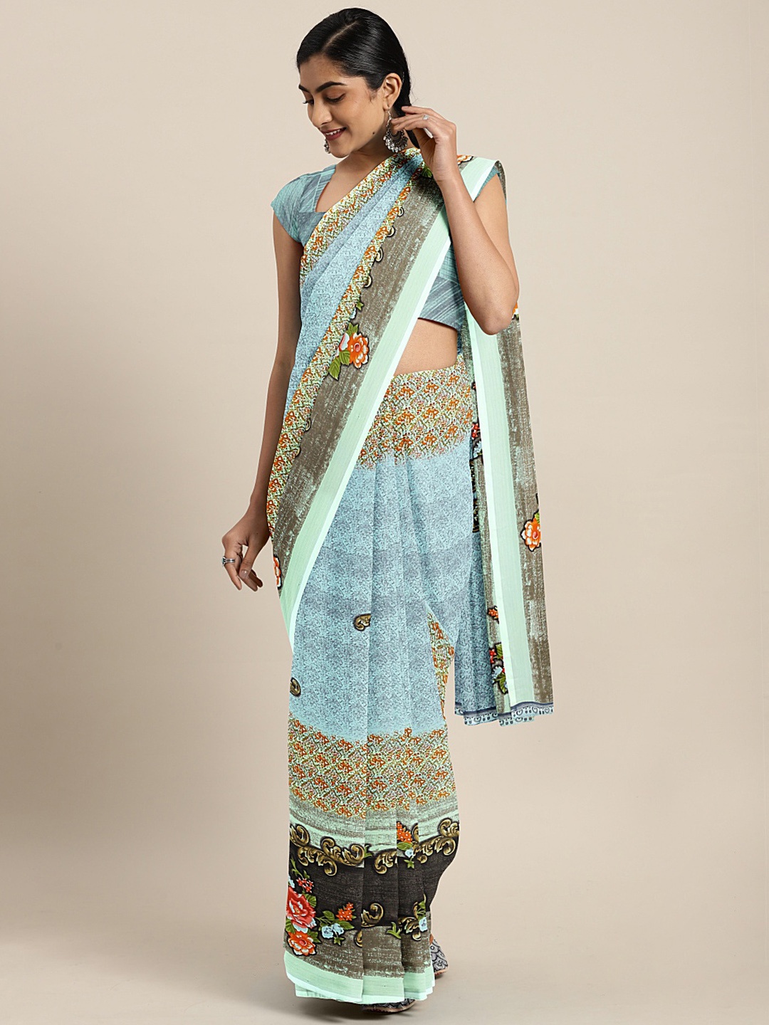 

KALINI Blue & Grey Poly Georgette Printed Saree